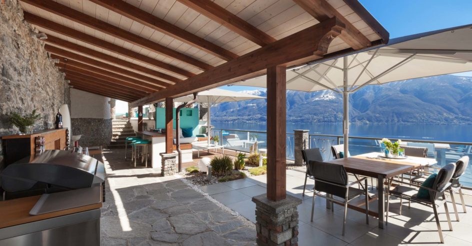 beautiful terrace of a luxury house, lake view