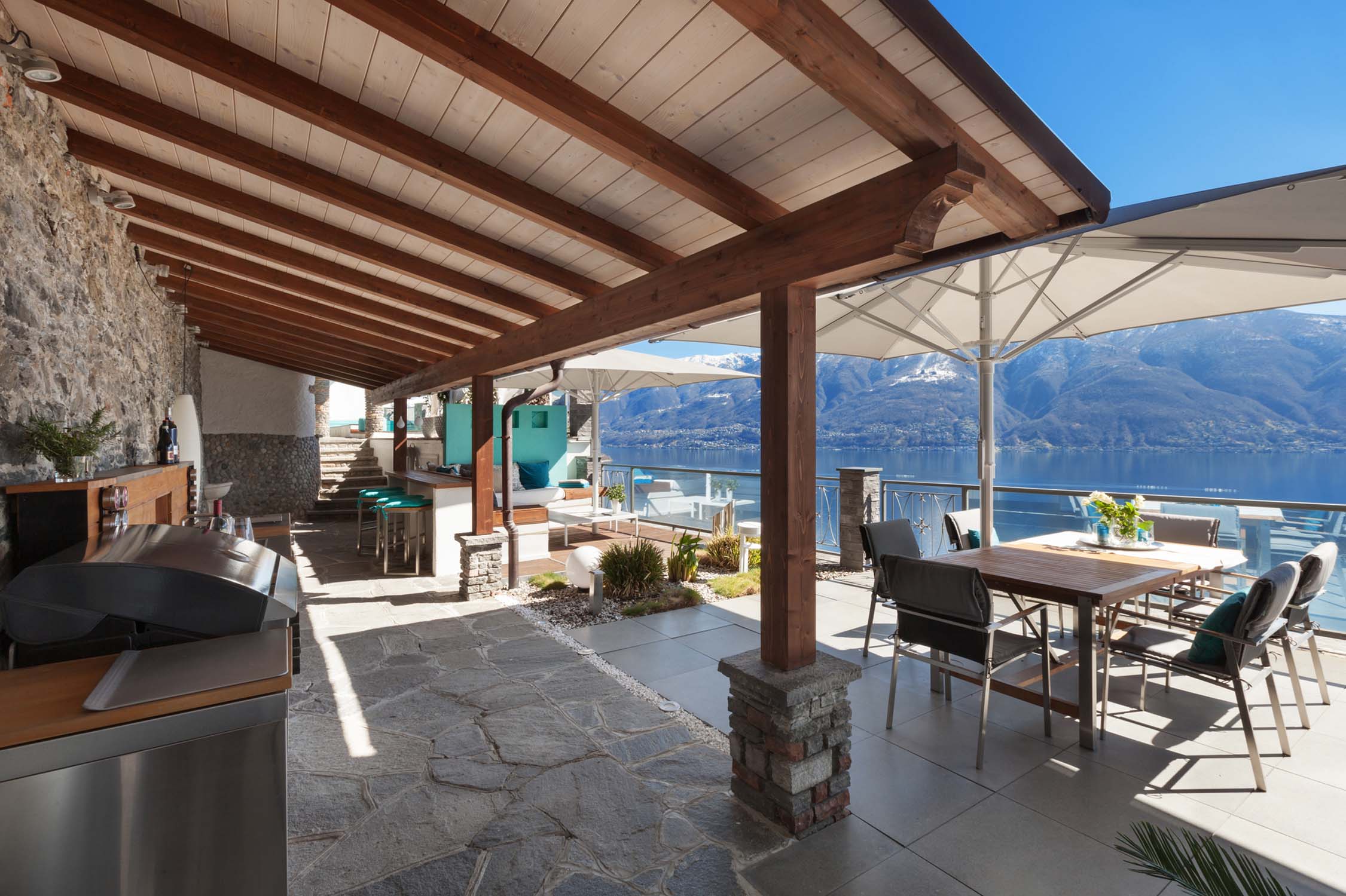 beautiful terrace of a luxury house, lake view