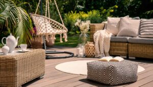 wooden outdoor design with rattan sofa and table in the garden- Big Easy Outdoor Design