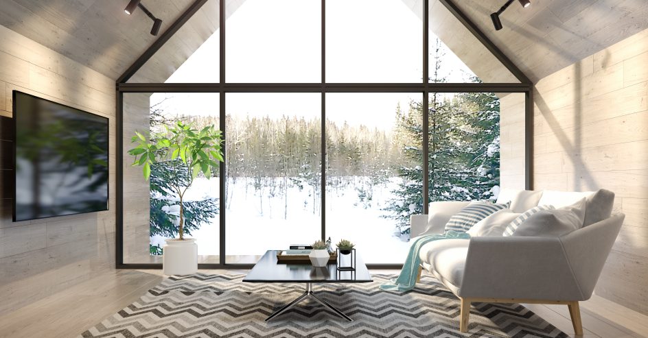 Interior living room of a forest house 3D illustration