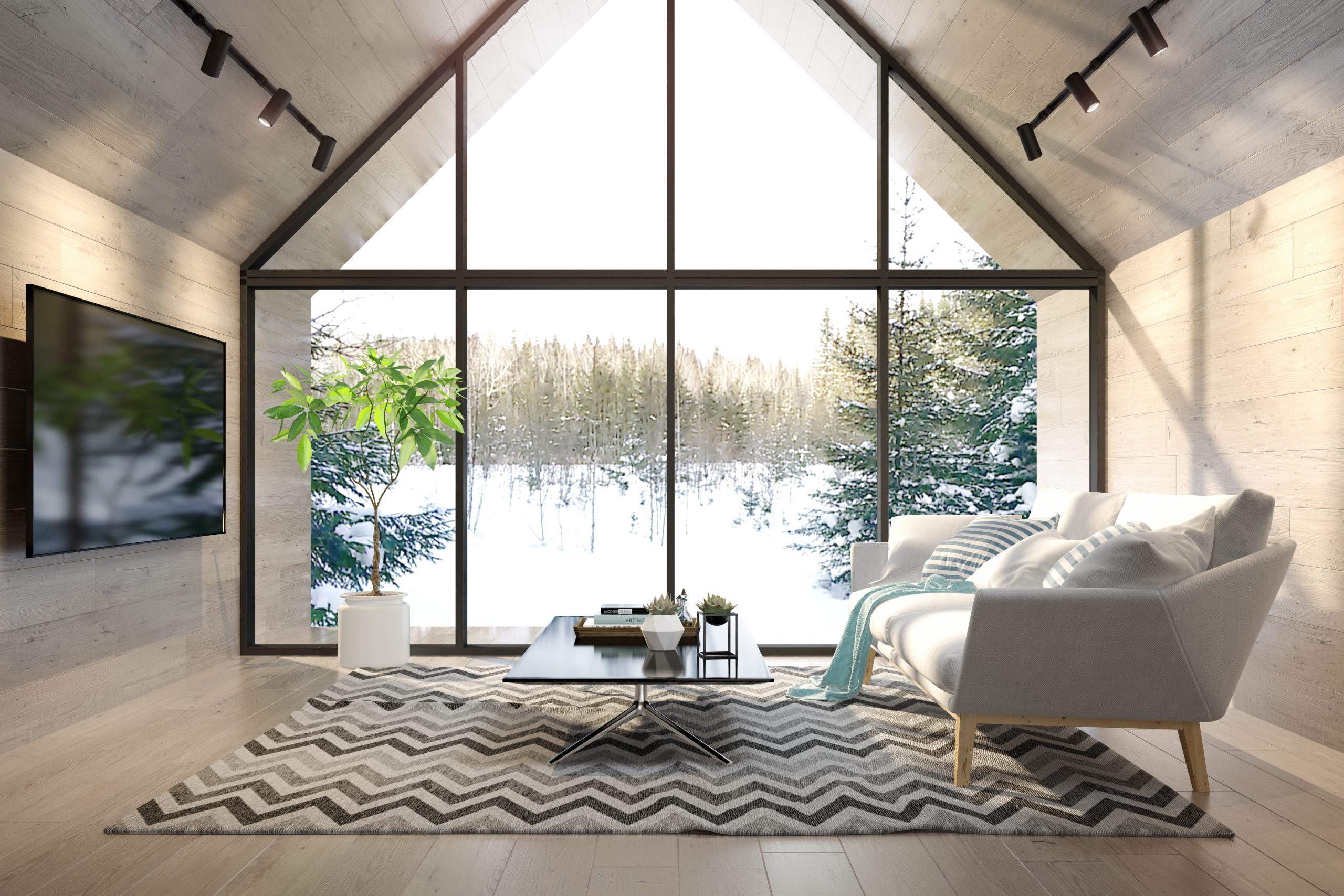 Interior living room of a forest house 3D illustration