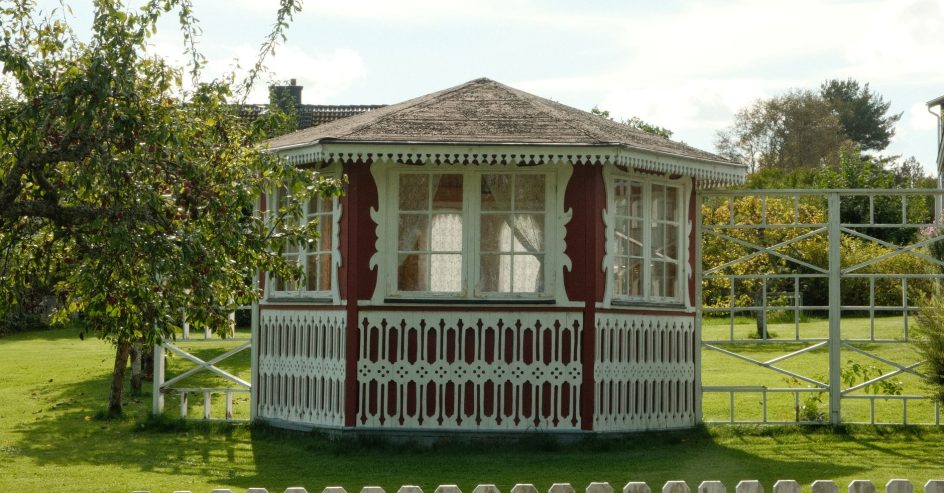 Octagonal backyard gazebo sized for outdoor dining and entertaining