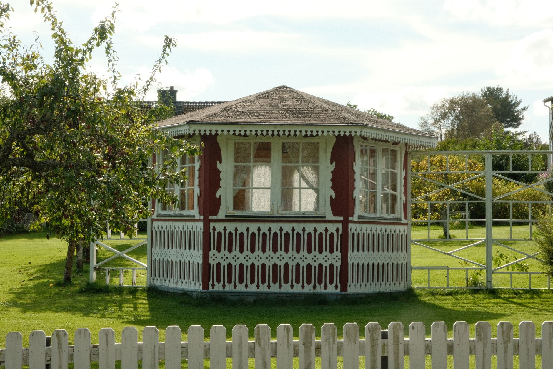 Octagonal backyard gazebo sized for outdoor dining and entertaining