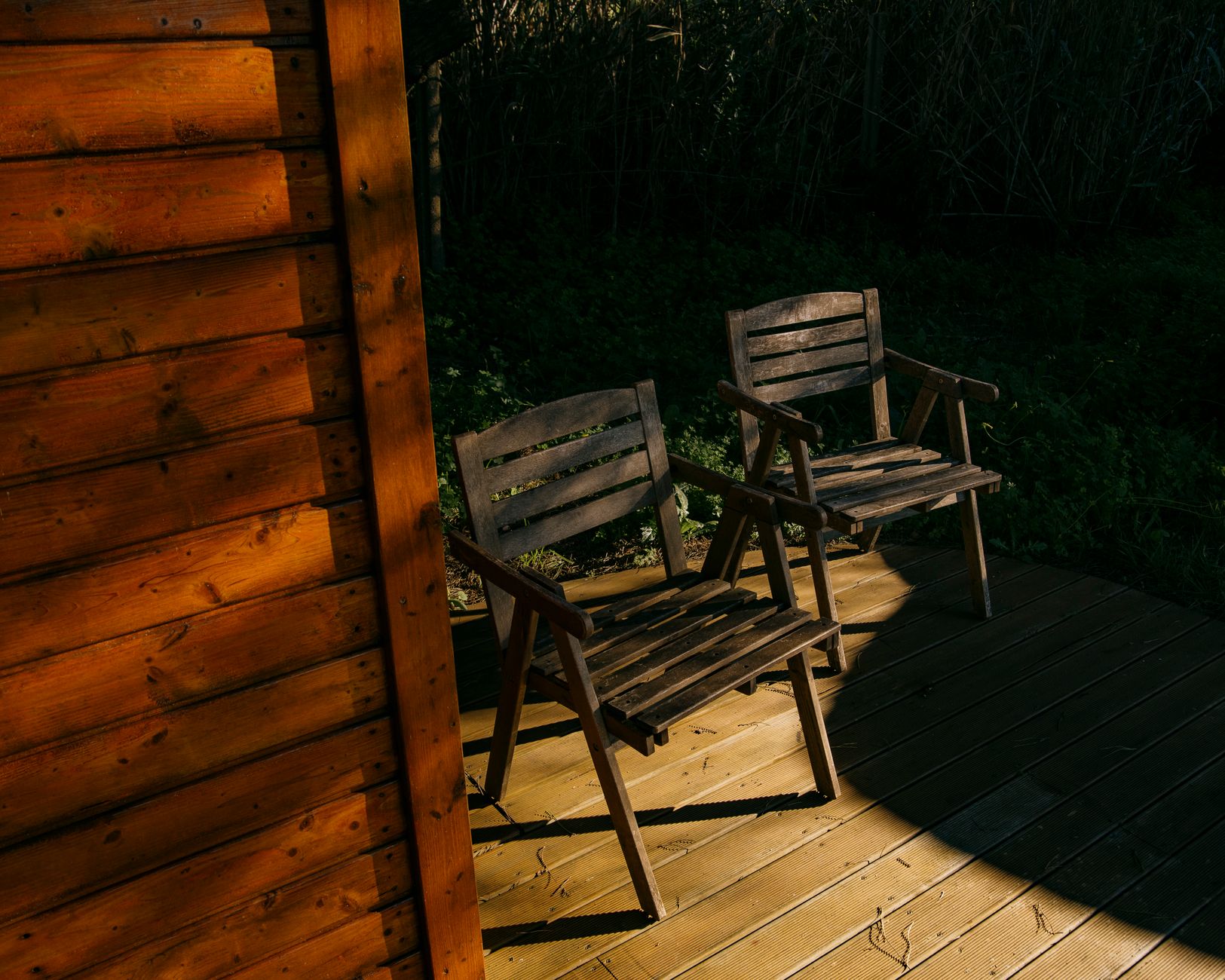 Well-maintained wood deck in a lush New Orleans backyard under warm sunlight