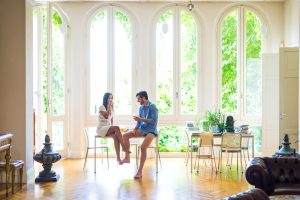 Happy couple having healthy breakfast at home in the morning - Happy moments of domestic partnership